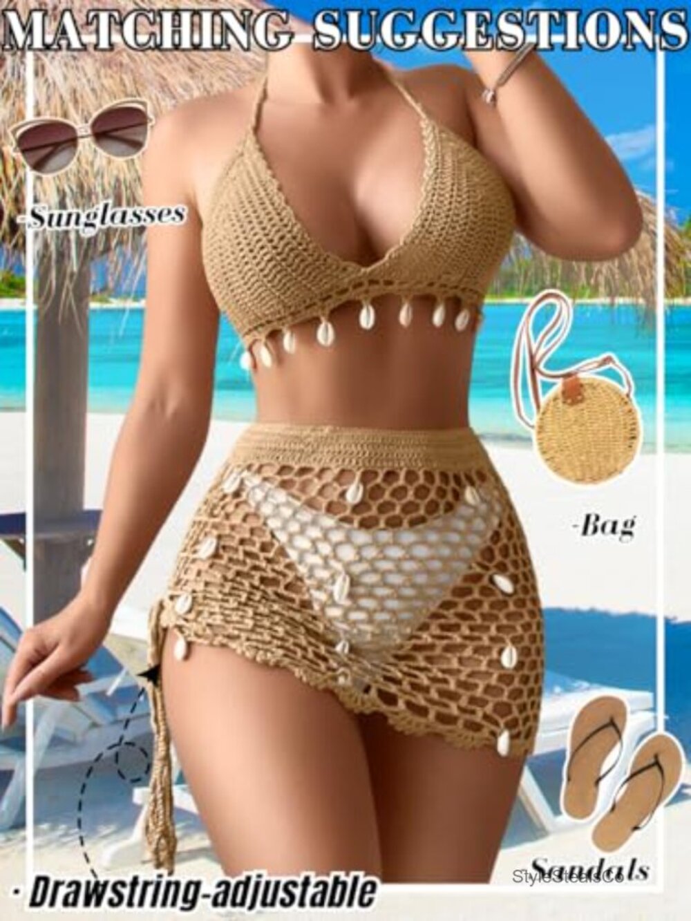 Two Piece Skirt Set Crochet Shell Boho Swimsuit Cover Up - Picture 6 of 6